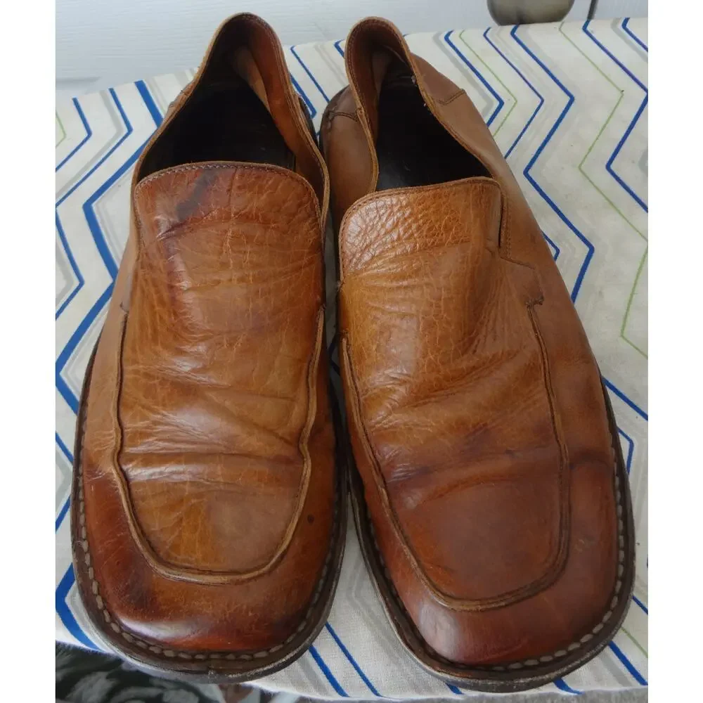 Vintage J Crew Brown Leather Dress Shoes Loafer Square Toe Worn Mens 10.5 ITALY